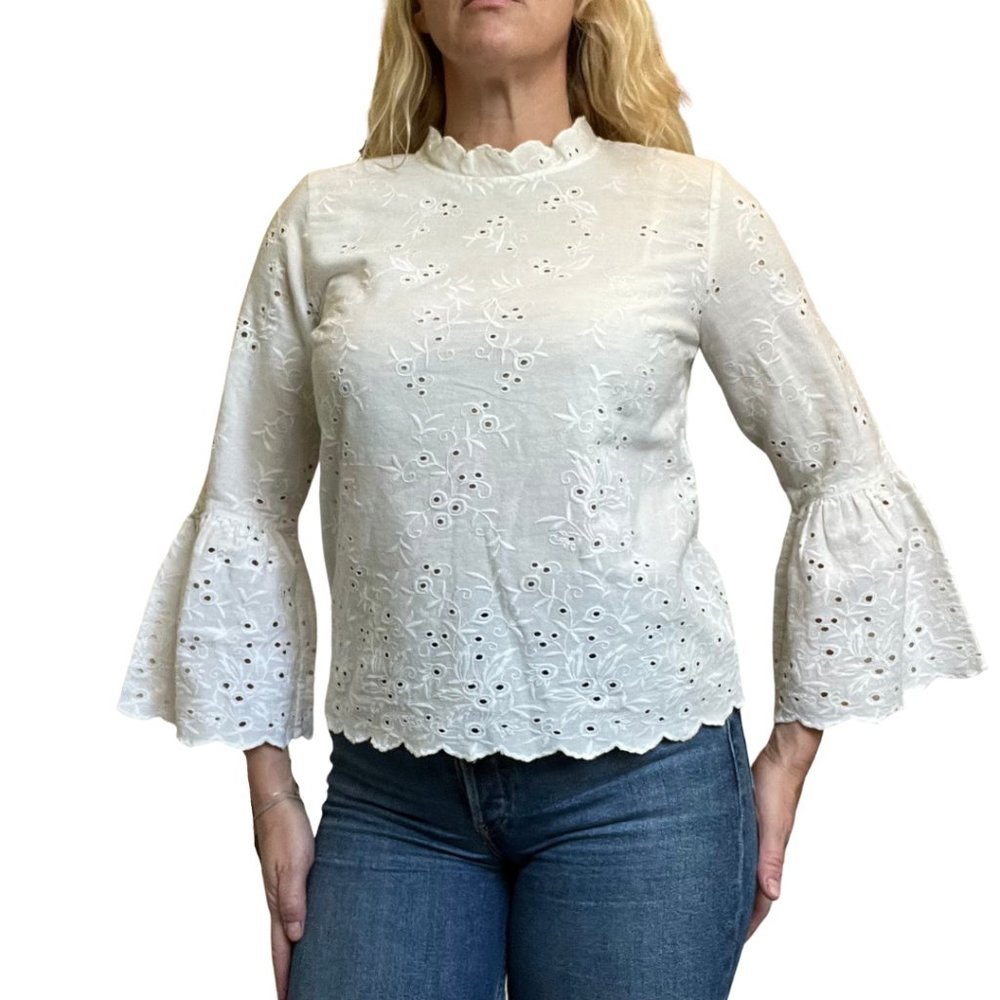 ULLA JOHNSON  Cotton & Linen Eyelet scalloped shirt w/ bell sleeves Size…